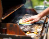 Main d'une personne nettoyant un barbecue très encrassé avec une éponge jaune et bleue.
