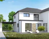 Ce type de maison moderne, blanc et épuré, avec garage attenant et jardin verdoyant, invite à la détente.