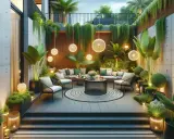 Aménagement d'une terrasse de 30m2 luxuriante avec mobilier confortable, éclairage d'ambiance et végétation tropicale.