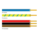 Quatre fils électriques : un bleu, un jaune à rayures vertes, un rouge et un fil marron électricité.