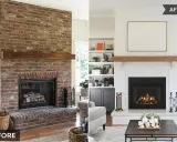 Avant/après d'une rénovation cheminée : d'une imposante structure en briques rouges à une cheminée blanche épurée, modernisée avec une étagère en bois.