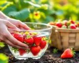 Mains mains plongent dans un bol d'eau pour rincer des fraises fraîchement cueillies. Un panier rempli de fraises est visible en arrière-plan.