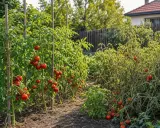 Un potager ensoleillé avec des plants de tomates bien espacés, chargés de fruits rouges. L'espacement pied de tomate permet une belle récolte.