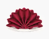 Une serviette rouge bordeaux pliée en éventail sur une assiette blanche. Un pliage serviette simple et beau pour une table élégante.