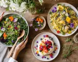 Salade colorée, pâtes et dessert ornés de fleurs comestibles, une invitation à déguster la nature.