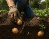 Main d'un jardinier plantant des pommes de terre, assurant un bon espacement pour une croissance optimale.