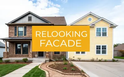 Avant/après d'une rénovation maison : une façade en briques transformée en jaune vif.