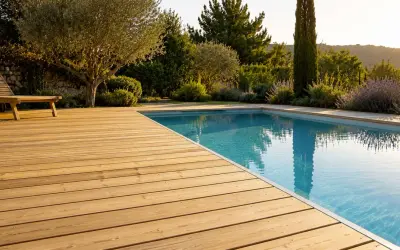 Une belle terrasse bois piscine sans margelle, avec un transat invitant à la détente sous un olivier.