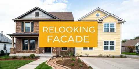 Avant/après d'une rénovation maison : une façade en briques transformée en jaune vif.
