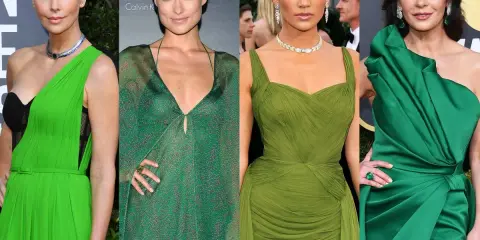 Charlize Theron, Olivia Wilde, Jennifer Lopez et Catherine Zeta-Jones arborent des robes vertes. Quelle couleur va avec le vert foncé ? Le vert émeraude, le vert pomme, le vert olive... toutes ces nuances subliment ces stars.