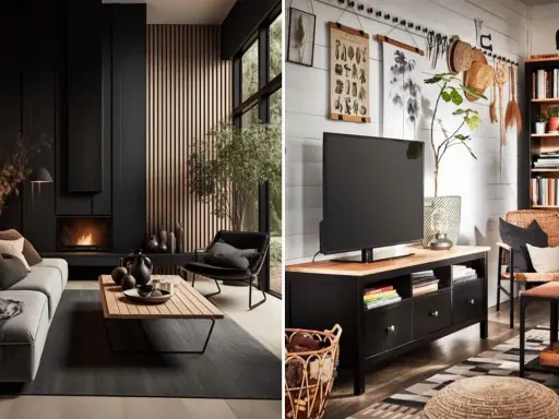 Ambiance chaleureuse avec ce salon noir et bois. Le feu crépite dans la cheminée, le bois apporte de la douceur. Inspiration deco salon noir et bois.