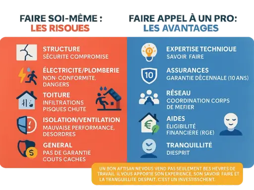 Comparaison des risques du bricolage pour rénover appartement ancien et des avantages de faire appel à un professionnel : expertise, assurances, tranquillité.