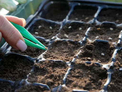 Semis de tomates avec la lune : une main utilise une pince pour placer délicatement une graine dans un terreau, préparant le cycle de vie des futures plantes.