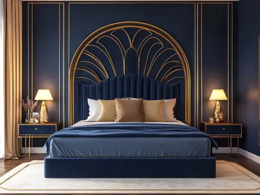 Chambre bleu nuit et doré, avec un lit luxueux, des tables de chevet assorties et un éclairage doux.