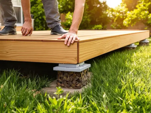 Construction d'une terrasse en bois sur pelouse. Des mains ajustent les lames d'une nouvelle terrasse sur des supports.