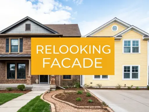 Avant/après d'une rénovation maison : une façade en briques transformée en jaune vif.