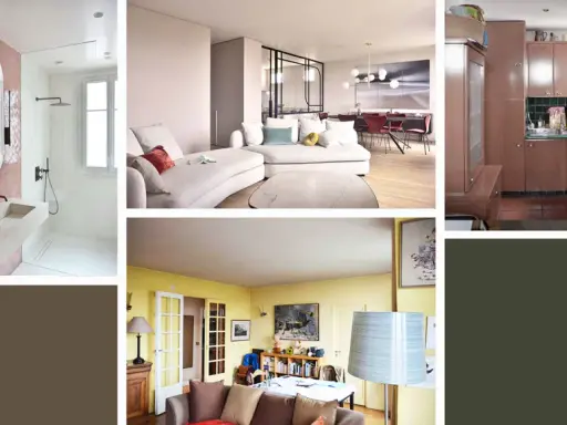 Avant/après rénovation appartement : salle de bain moderne, salon épuré, cuisine fonctionnelle.