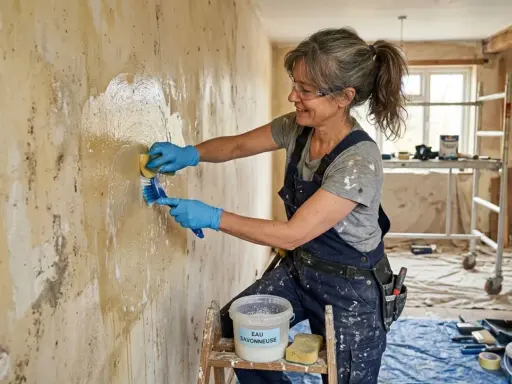 Une femme en salopette bleue, portant des gants bleus et des lunettes, utilise une éponge et une brosse pour lessiver un mur avant de le peindre.