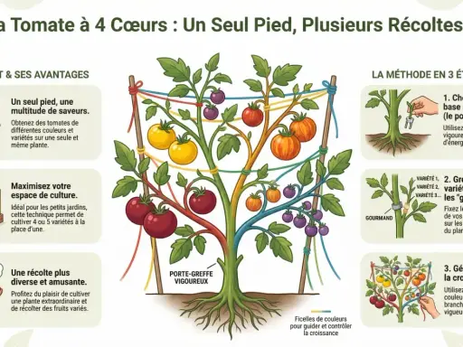 Illustration montrant comment greffer des tomates sur un seul pied pour obtenir plusieurs variétés et couleurs.