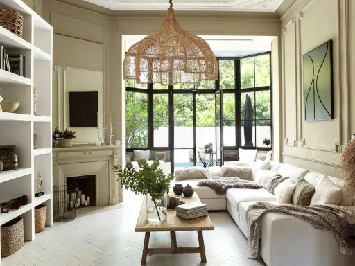 Salon lumineux au style bohème chic maison, avec canapé blanc, suspensions en rotin, cheminée et grandes fenêtres donnant sur le jardin.