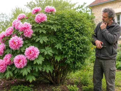 Un homme observe la taille d'une pivoine arbustive aux fleurs roses éclatantes, un jardinier pensif.