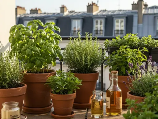 Un balcon parisien avec une belle sélection de plantes aromatiques : basilic, romarin, menthe, lavande. Une liste de plantes à avoir chez soi.