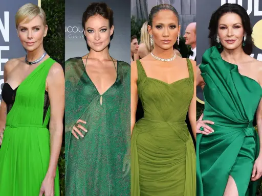 Charlize Theron, Olivia Wilde, Jennifer Lopez et Catherine Zeta-Jones arborent des robes vertes. Quelle couleur va avec le vert foncé ? Le vert émeraude, le vert pomme, le vert olive... toutes ces nuances subliment ces stars.