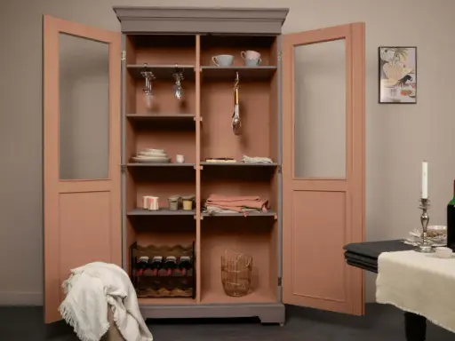 Armoire vitrée avec un relooking meuble 2 couleurs : gris anthracite et rose poudré. Elle contient vaisselle, verres, bouteilles de vin et paniers.