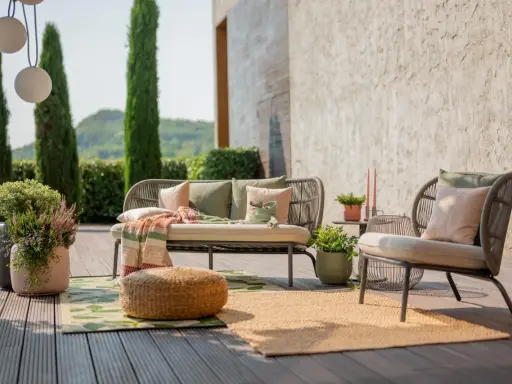 Aménagement terrasse extérieure : un canapé et un fauteuil confortables, des coussins, un plaid coloré, des plantes et des tapis invitent à la détente.
