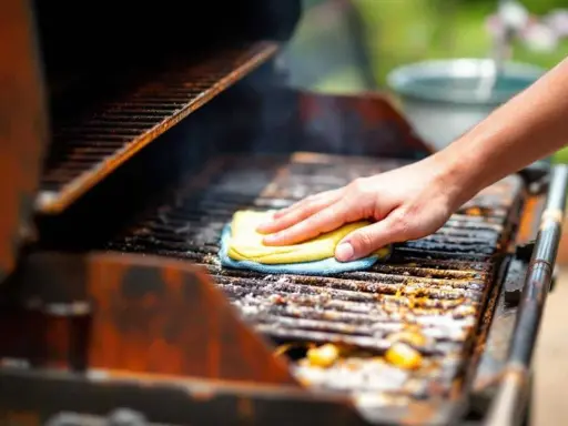 Main d'une personne nettoyant un barbecue très encrassé avec une éponge jaune et bleue.