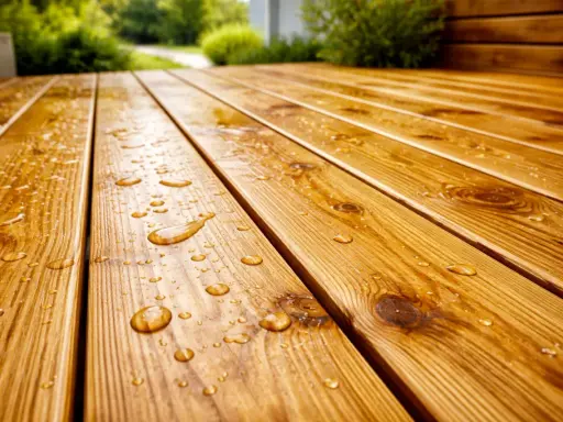 Gouttes d'eau sur une terrasse en bois fraîchement traitée, montrant la protection efficace du bois.