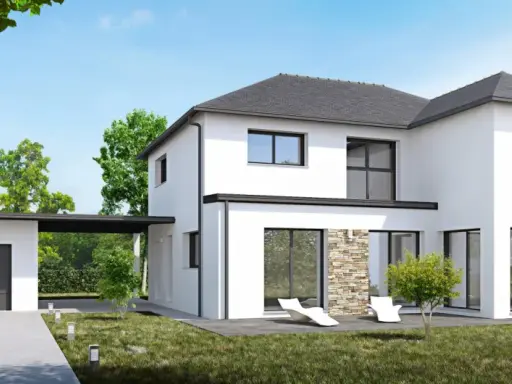 Ce type de maison moderne, blanc et épuré, avec garage attenant et jardin verdoyant, invite à la détente.