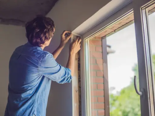 Un homme ajuste le joint d'une nouvelle pose fenêtre PVC. Le soleil brille à travers la vitre.