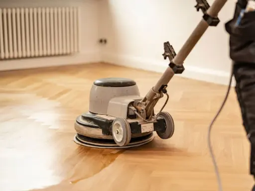Polissage d'un parquet ancien avec une ponceuse. La rénovation redonne tout son éclat au bois.
