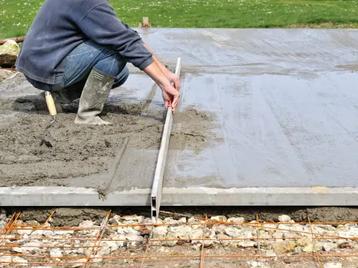 Un ouvrier ajuste le coffrage d'une dalle en béton frais avec une règle de maçon.