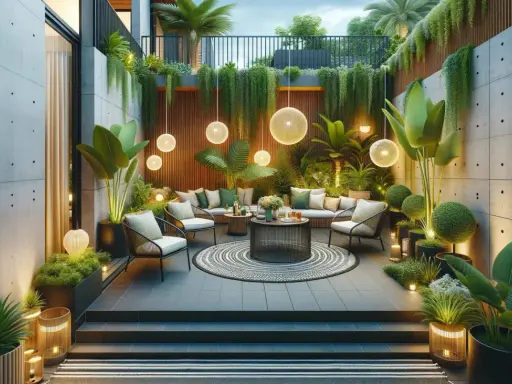 Aménagement d'une terrasse de 30m2 luxuriante avec mobilier confortable, éclairage d'ambiance et végétation tropicale.