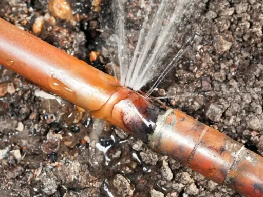 Une fuite sur un tuyau de cuivre, l'eau jaillit d'une fissure dans le sol.