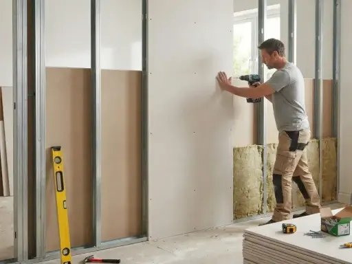 Un homme visse une plaque de placo sur une structure métallique. Des outils et des matériaux de construction sont visibles.