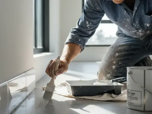 Un peintre applique une couche de peinture sur une plinthe, juste au-dessus du carrelage.