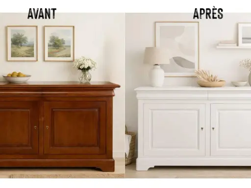 Avant/après : un meuble en bois verni transformé en blanc pour un relooking complet.