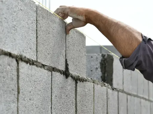Main d'un maçon plaçant une brique sur un mur en parpaing, guidé par un fil à plomb.