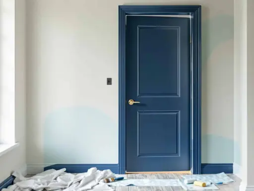 Peinture porte intérieure bleu marine, avec des touches de bleu clair sur le mur. Des rouleaux et pinceaux sont au sol, prêts pour la prochaine étape.