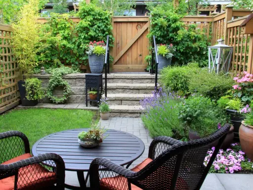 Un petit jardin aménagé avec une table, des chaises, des plantes et une porte en bois.