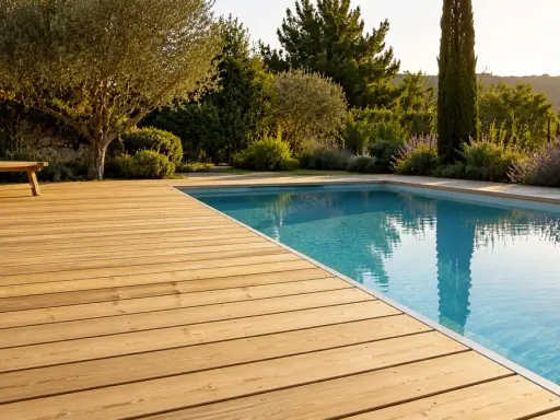 Une belle terrasse bois piscine sans margelle, avec un transat invitant à la détente sous un olivier.