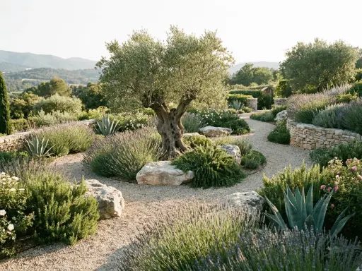 Un jardin méditerranéen avec un olivier centenaire, des lavandes, des agaves et des rochers. Les différents sedum apportent une touche de couleur et de texture.
