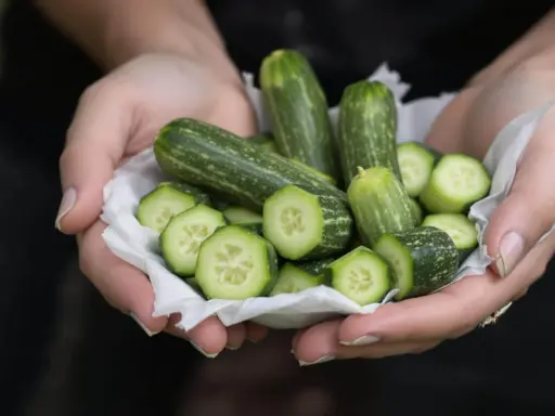 Mains tenant une coupe de petites courgettes entières et tranchées, prêtes à pincer les courgettes pour une salade fraîche.