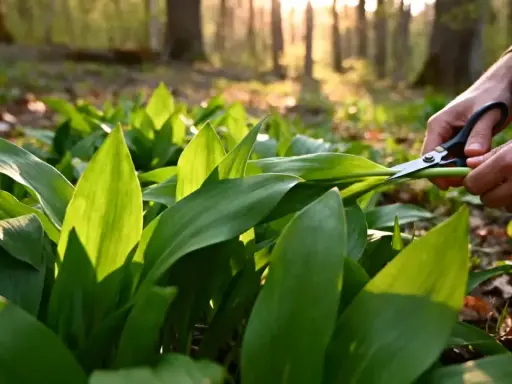 Mains coupant des feuilles d'ail des ours dans une forêt ensoleillée, pour conserver cette herbe sauvage.