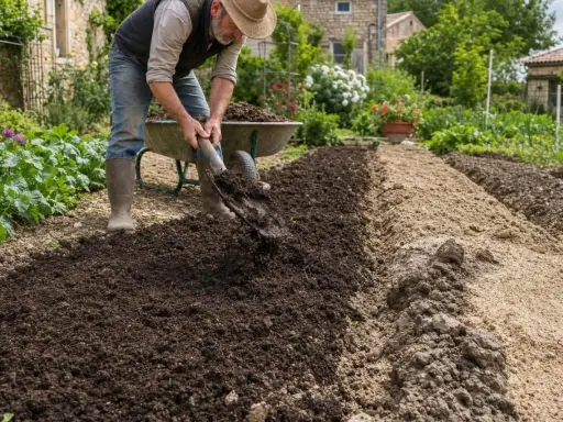 Un jardinier expérimenté enrichit la terre, montrant quand mettre du fumier dans le jardin pour des récoltes abondantes.