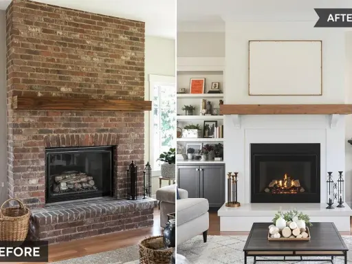 Avant/après d'une rénovation cheminée : d'une imposante structure en briques rouges à une cheminée blanche épurée, modernisée avec une étagère en bois.