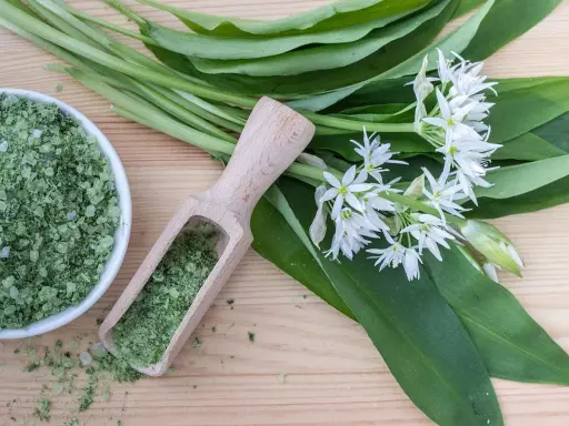Sel de cuisine à l'ail des ours, avec des feuilles vertes et des fleurs blanches sur fond de bois.
